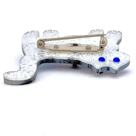 Handcrafted Folk Art Style Cat Pin – Bright Blue Enamel with Geometric Design - Picture 4 of 4